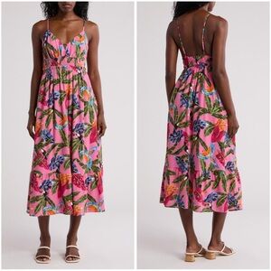 By The River Tropical Print Pink Floral Toucan Parrot Midi Dress Size Medium